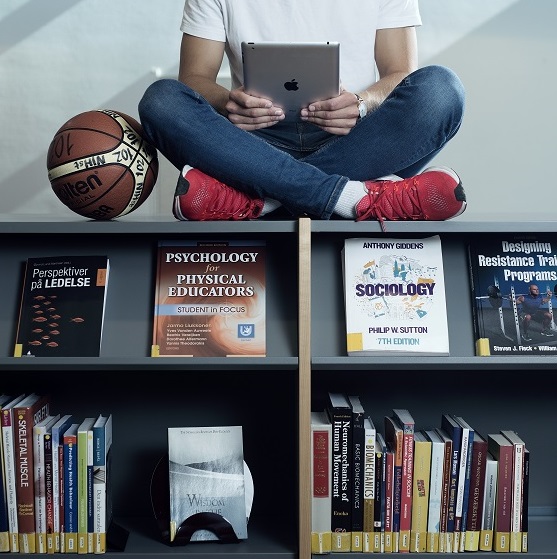 Book shelf with books and a person sitting on top of the shelf with a laptop and basketball