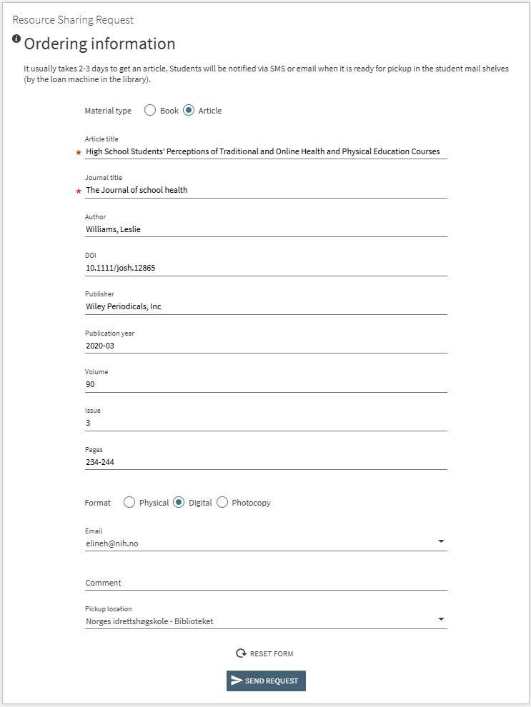 Screenshot of an ordering form in Oria