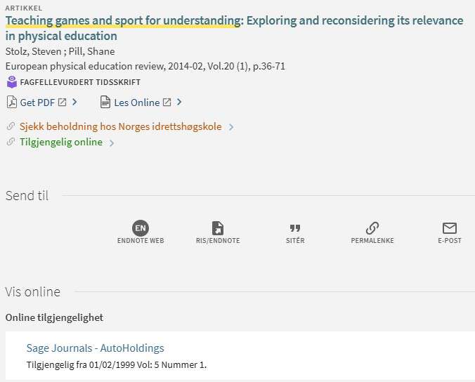 Skjermdump fra Oria for artikkel som er tilgjengelig online