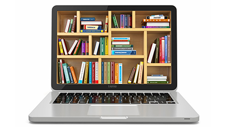 A laptop with a picture of books displayed