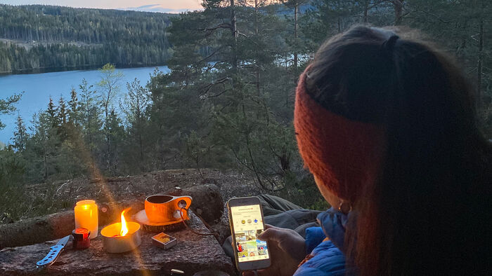 A woman looks at her smartphone while lakeside in the woods. 