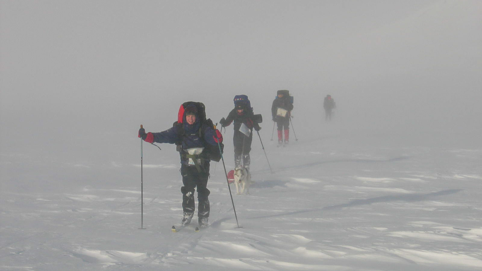 Rekke ungdommer på ski i snøyføyke