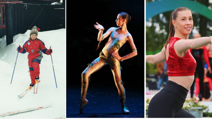 Tre bilder av Camilla. Som niåring på ski, som 15 og 24-åring i dansesituasjonar.