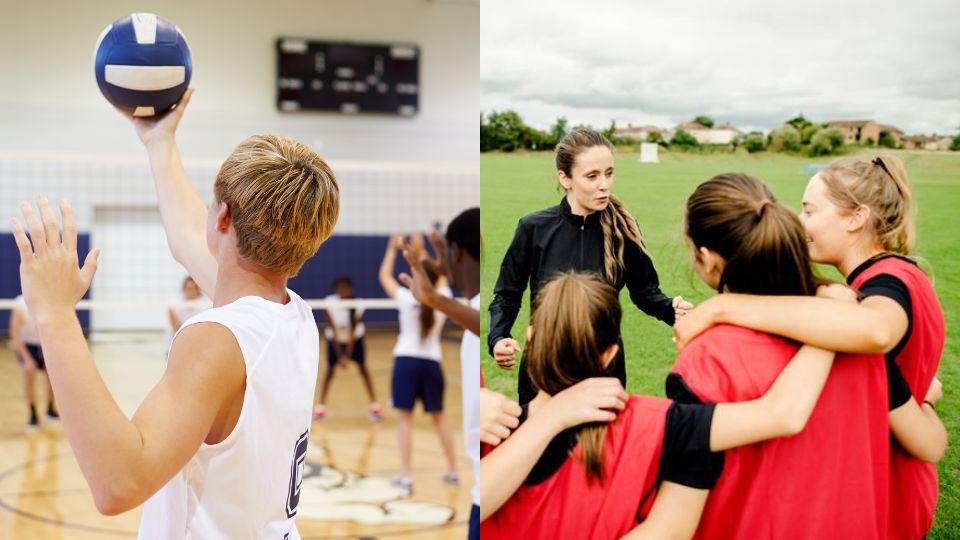 Two pictures. 1. Young people playing volleyball in a gym. 2. On a grass field outside, a coach gives instructions to a girls’ team wearing red vests.