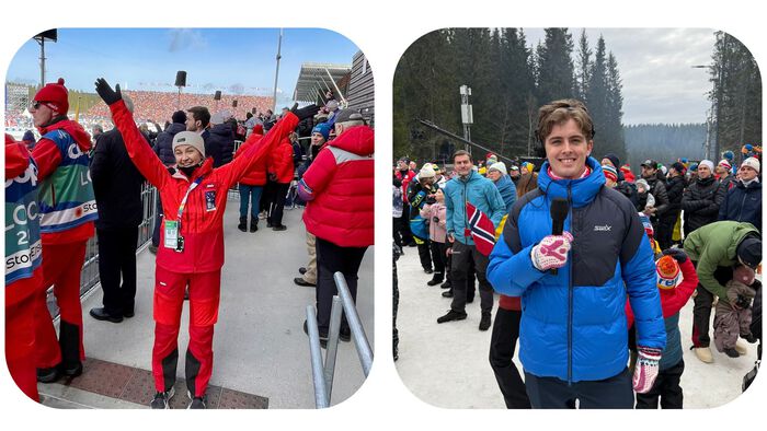 En collage med to personer foran folkemengde under Ski-VM.