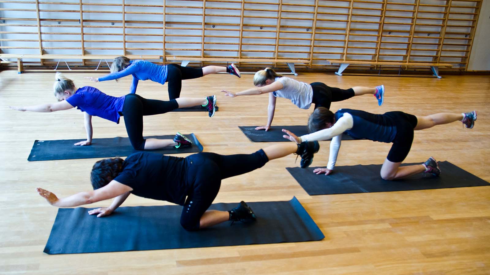 Mange damer trener styrke i gymsal