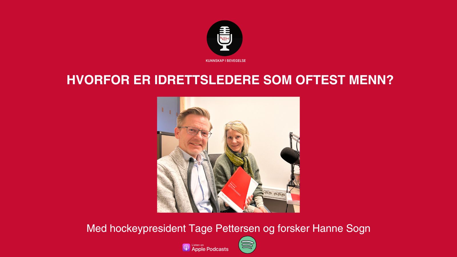 En infografikk som viser to gjester i et podkaststudio og tittelen på episoden