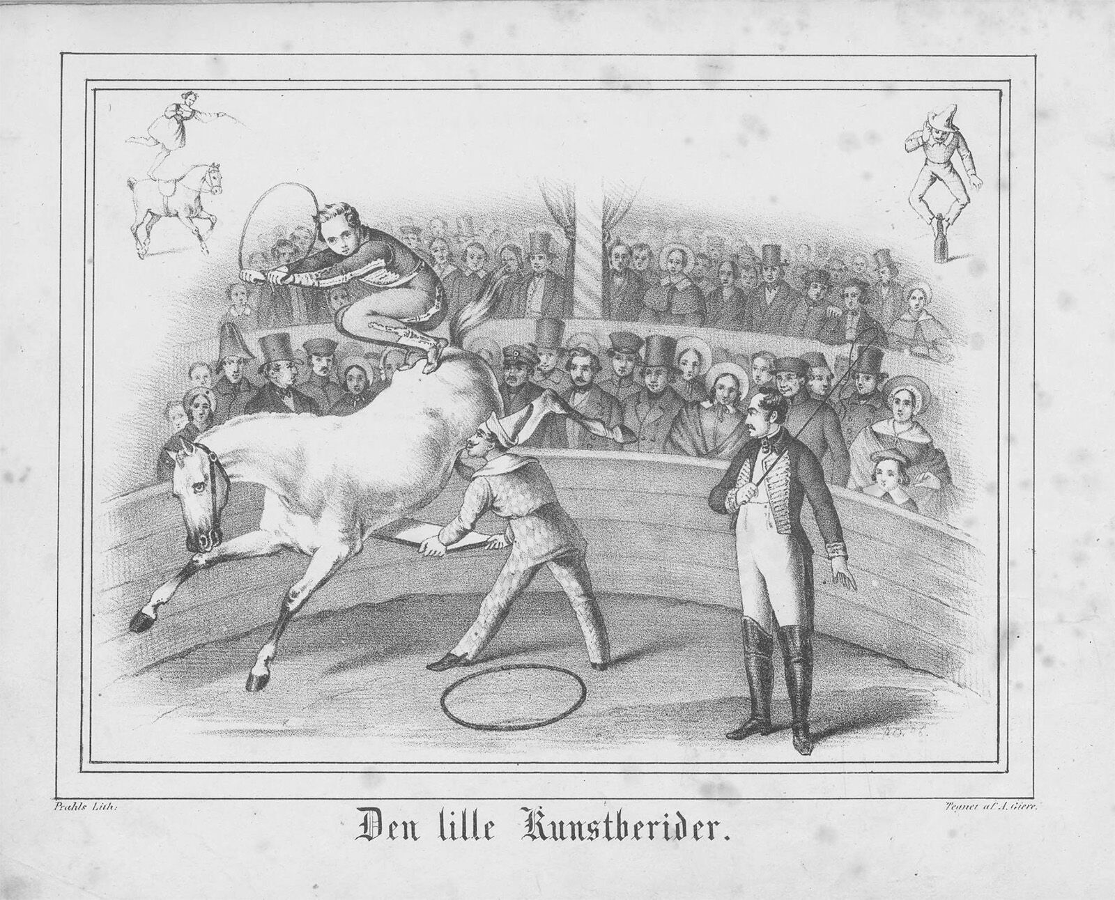 Tegning som viser atelestiske barn og hest i en sirkus