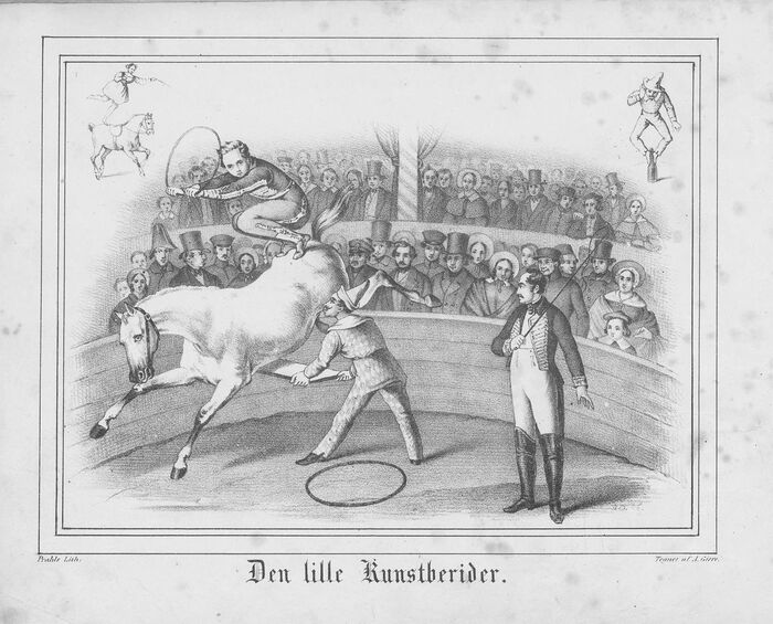 Tegning som viser atelestiske barn og hest i en sirkus