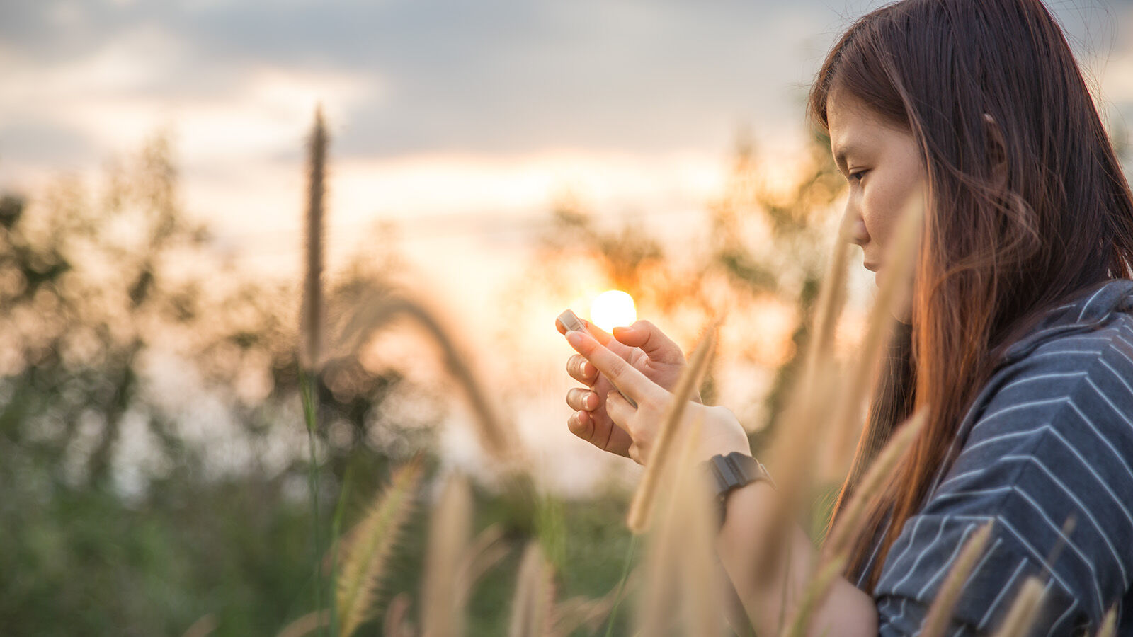 Kvinne ser på mobil i naturen og solnedgang