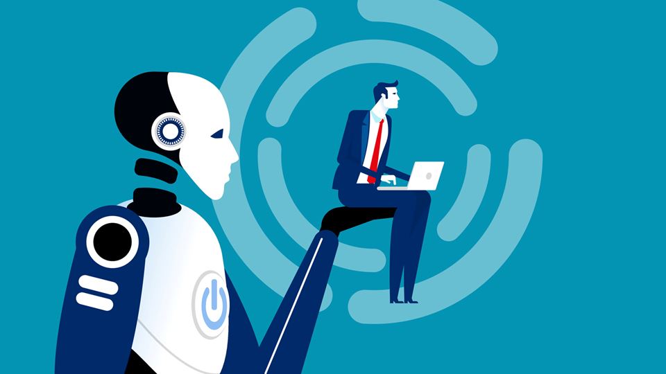 Illustrasjon av robot som løfter en mann i håndflaten