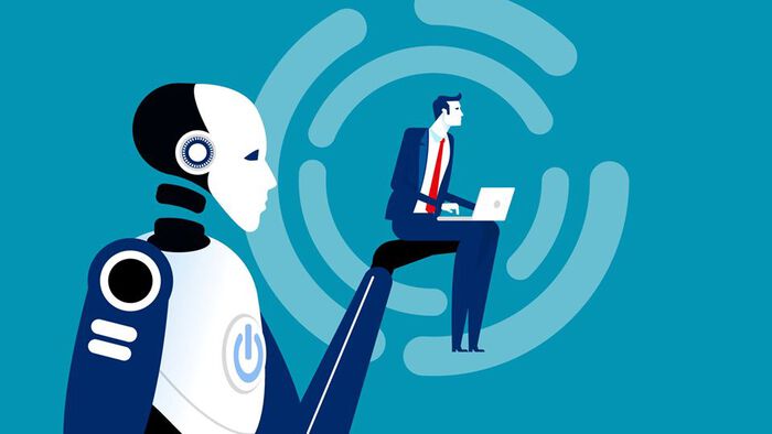 Illustrasjon av robot som løfter en mann i håndflaten