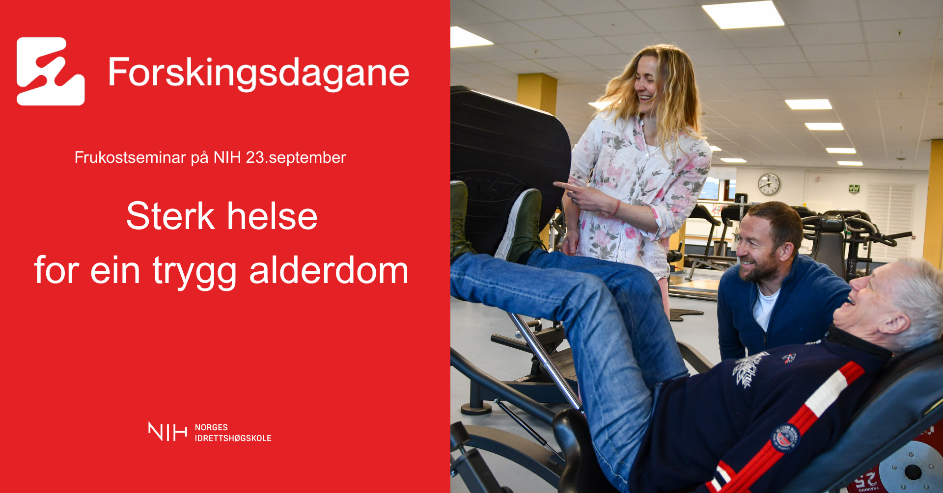 Ein infografikk med info om frukostseminar saman med eit bilde frå treningssenteret på NIH, med bilde av Elise, Truls og ein eldre person i styrkeapparat. 