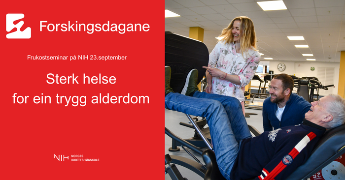 Ein infografikk med info om frukostseminar saman med eit bilde frå treningssenteret på NIH, med bilde av Elise, Truls og ein eldre person i styrkeapparat. 