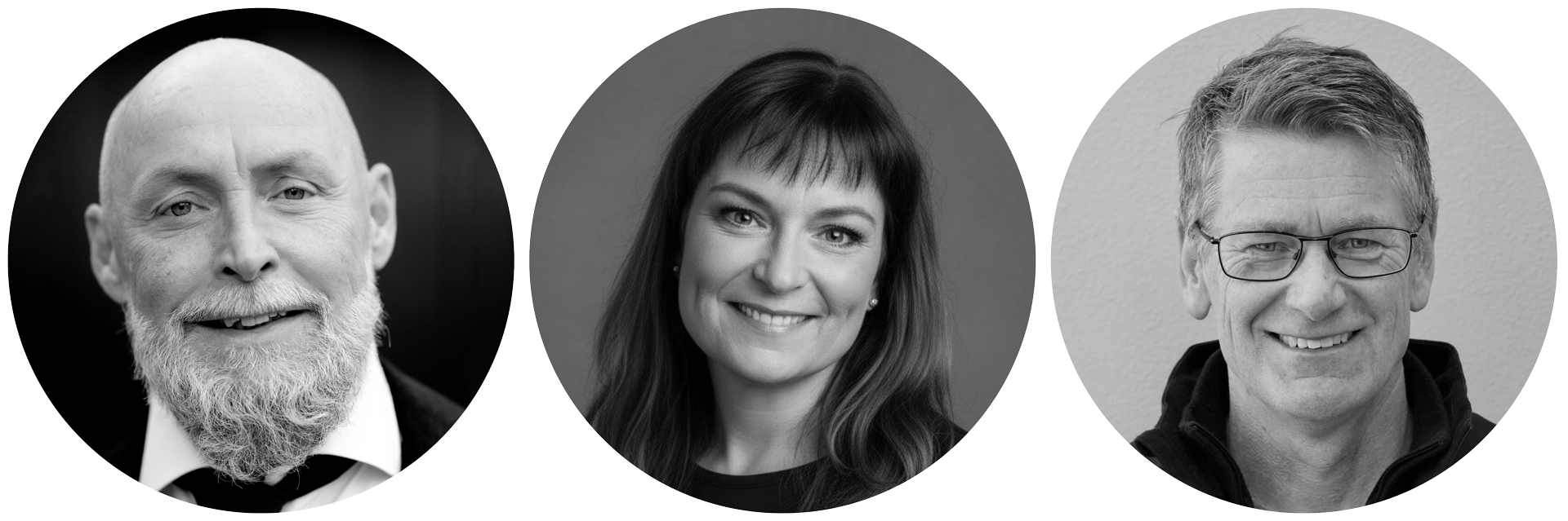 Portretter av forfatterne (fra v.) Aage Radmann, Marianne Holth Dybwad, Tore Øvrebø. 