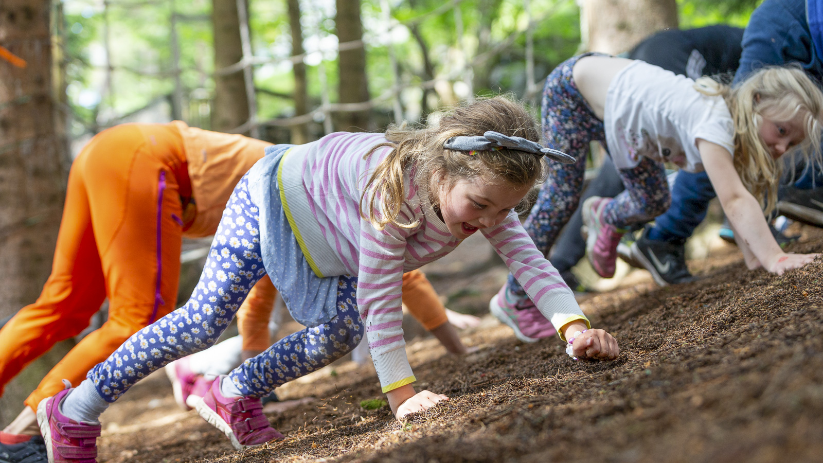 Kids crawling in the woods