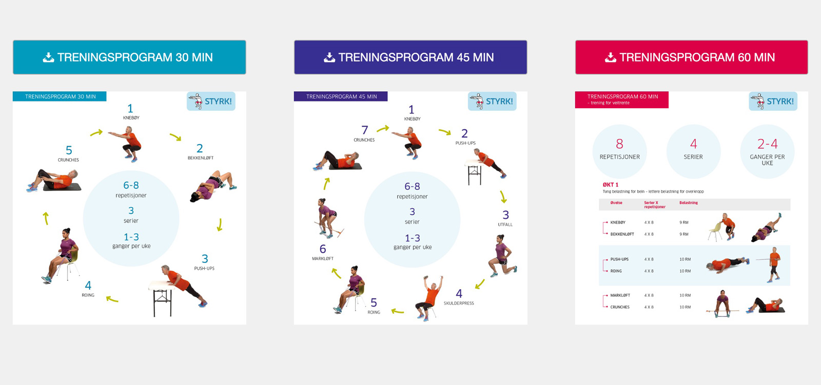 Skjermdump som viser ulike treningsprogrammer 30min-, 45min- eller 60min økter