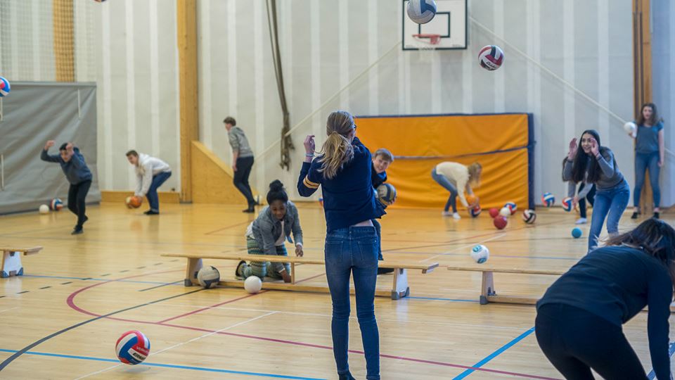 Elever som driver med ballsport i gymsal.
