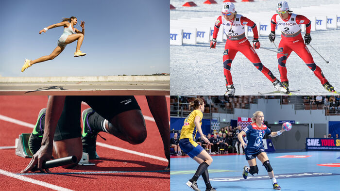 Fotomontasje av hopp, langrenn, sprint og håndball