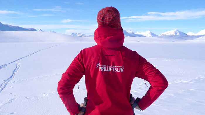 Skiløper med NIH Friluftsliv på ryggen skuer utover fjellheimen.