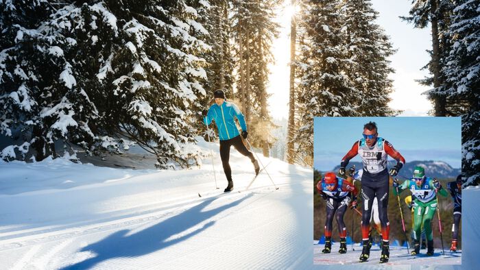 Mosjonist går på ski i marka. Innfelt bilde av Anders Aukland i skirenn.