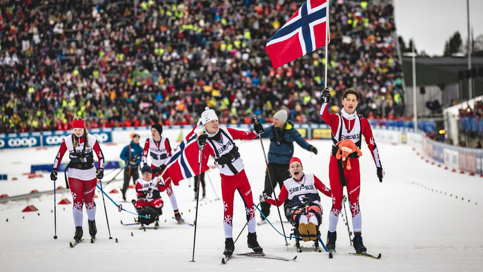 Team Pølsa på veg over mål under VM i Trondheim.