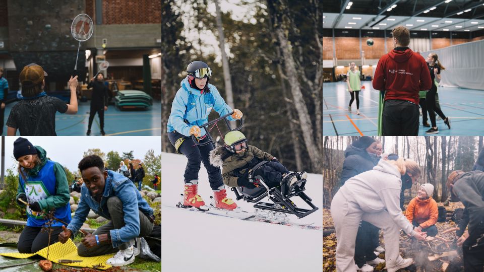 Photomontage of teaching and outdoor activities at the Department of Teacher Education and Outdoor Studies: students playing sports indoors, outdoor learning and teamwork, a group by a campfire, and a student assisting a child in a sitski.