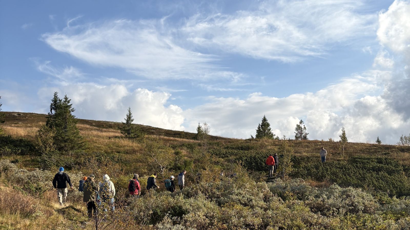 Ei gruppe personar på tur på fjellet. 