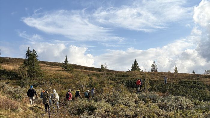 Ei gruppe personar på tur på fjellet. 